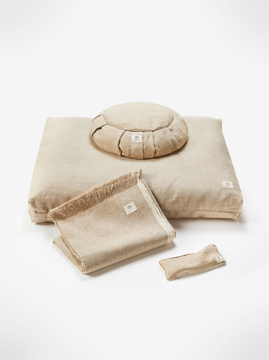 HEMP Luxury meditation kit meditation cushion zabuton blanket lavender eye pillow meditation set restorative yoga home floor cushion natural white beige neutral elevated home organic sustainable eco friendly starter beginner new