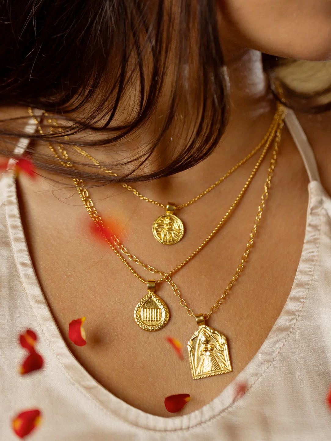 Goddess Charms Shakti Pendant Necklace with Amethyst Power Stone - Gold